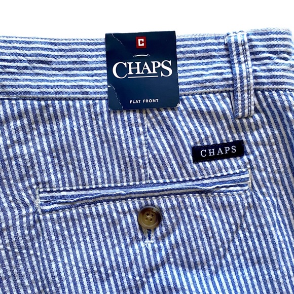 Chaps Seersucker High Waist Blue & White Pinstriped Long Flat Front Shorts - Picture 8 of 10